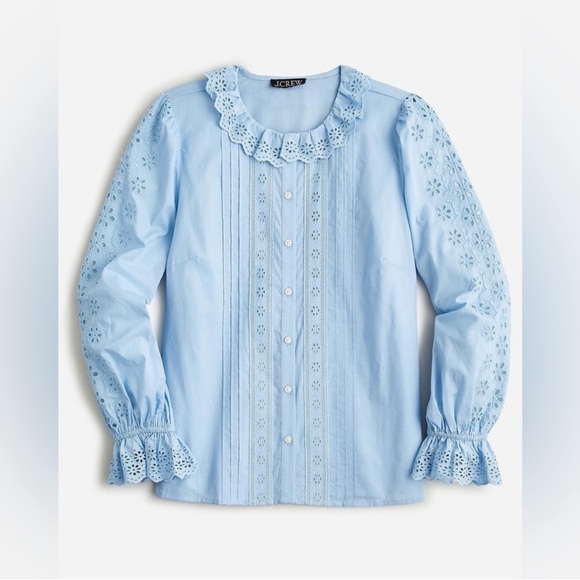NWOT New J.Crew Eyelet Trim Button Up Shirt Frozen Lake Color L - Picture 2 of 10